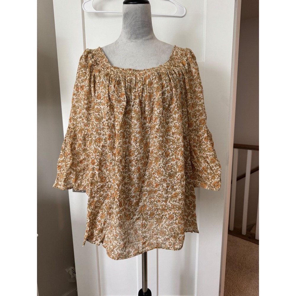 Chaps cottagecore Womens 1X Floral Smocked Bell Sleeve Cotton Boho Blouse